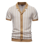 Men's Stripe Knit Polo Shirt with Laser-Cut Detailing - 2025 Summer Slim-Fit Urban Top | PSD8058