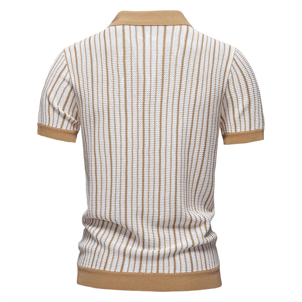 Men's Stripe Knit Polo Shirt with Laser-Cut Detailing - 2025 Summer Slim-Fit Urban Top | PSD8058