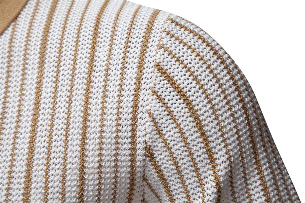 Men's Stripe Knit Polo Shirt with Laser-Cut Detailing - 2025 Summer Slim-Fit Urban Top | PSD8058
