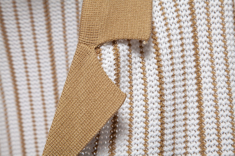 Men's Stripe Knit Polo Shirt with Laser-Cut Detailing - 2025 Summer Slim-Fit Urban Top | PSD8058