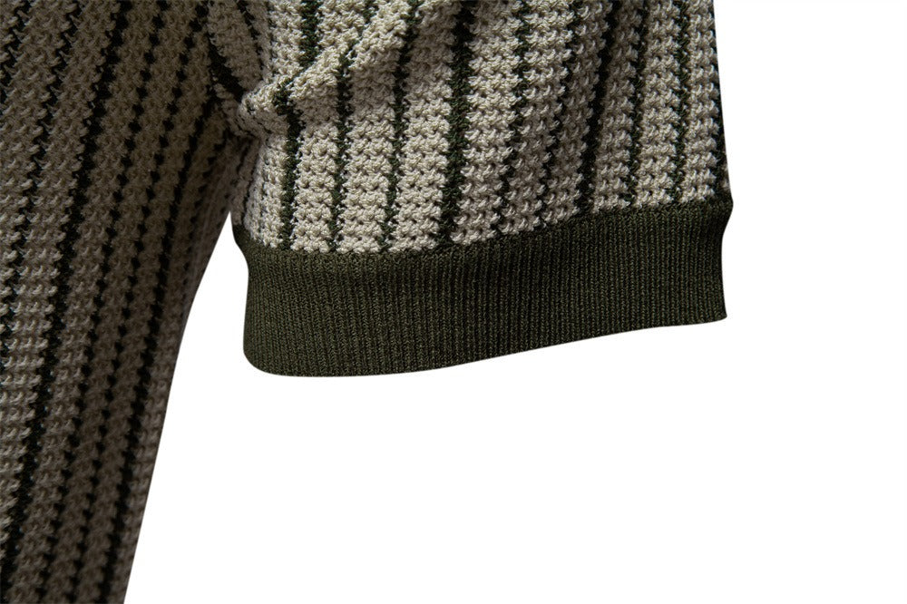 Men's Stripe Knit Polo Shirt with Laser-Cut Detailing - 2025 Summer Slim-Fit Urban Top | PSD8058