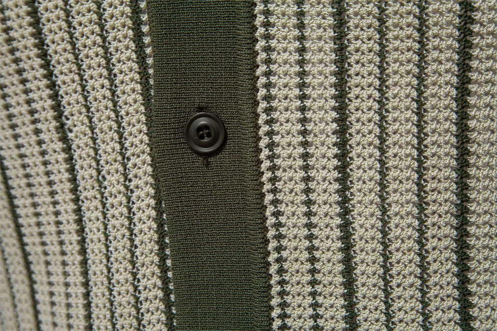 Men's Stripe Knit Polo Shirt with Laser-Cut Detailing - 2025 Summer Slim-Fit Urban Top | PSD8058