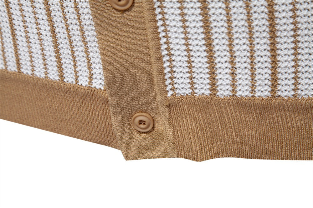 Men's Stripe Knit Polo Shirt with Laser-Cut Detailing - 2025 Summer Slim-Fit Urban Top | PSD8058