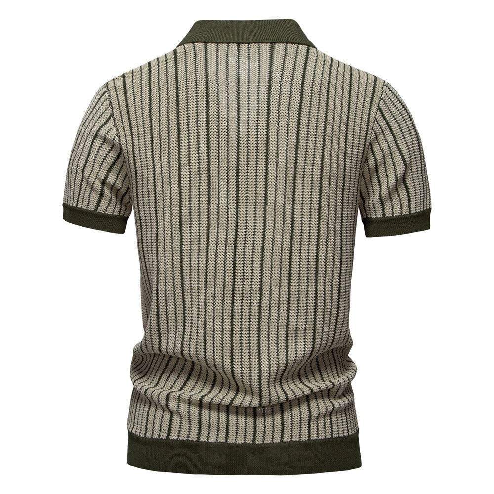 Men's Stripe Knit Polo Shirt with Laser-Cut Detailing - 2025 Summer Slim-Fit Urban Top | PSD8058