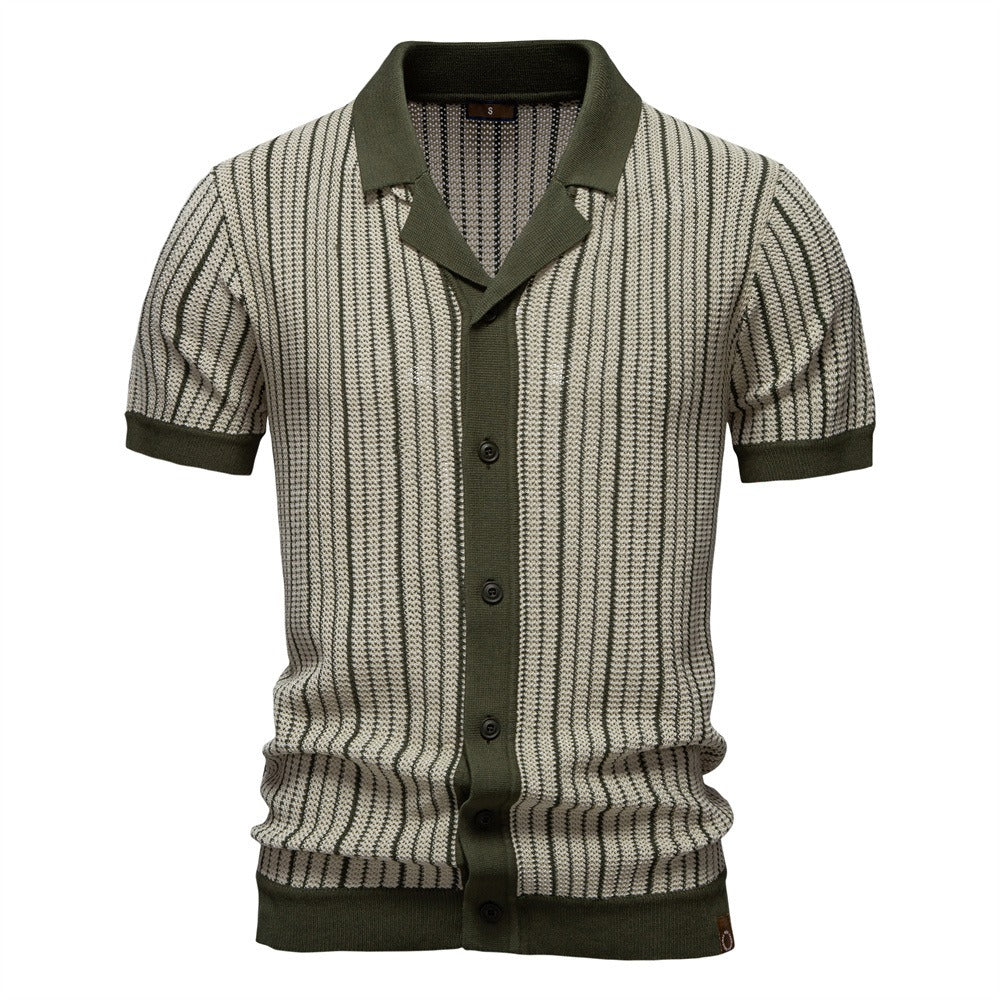 Men's Stripe Knit Polo Shirt with Laser-Cut Detailing - 2025 Summer Slim-Fit Urban Top | PSD8058