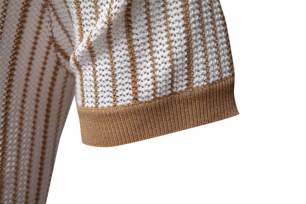 Men's Stripe Knit Polo Shirt with Laser-Cut Detailing - 2025 Summer Slim-Fit Urban Top | PSD8058