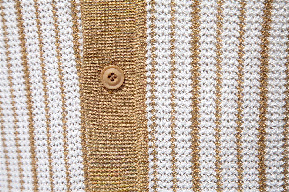 Men's Stripe Knit Polo Shirt with Laser-Cut Detailing - 2025 Summer Slim-Fit Urban Top | PSD8058