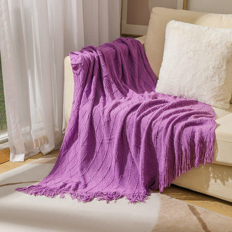 Cozy Knit Throw Blanket with Tassels Lightweight Breathable Acrylic for Sofa & Travel Comfort | YENLN06