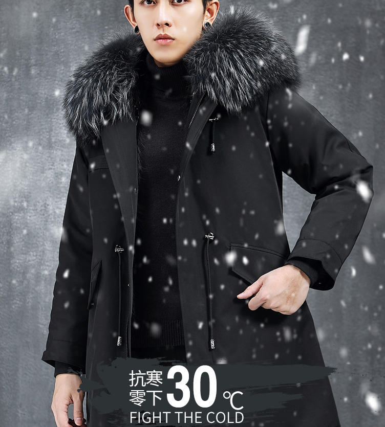 Aourun Men's Long Parka with Fox Fur Trim | 2025 Winter Hooded Jacket | Plush Mid-Length Faux Fur Lined Coat | 210