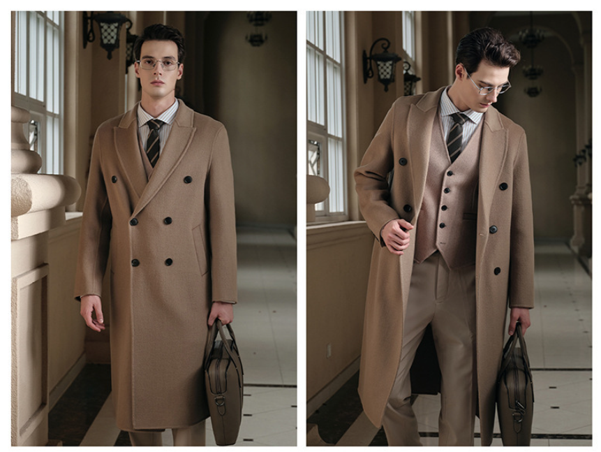 Gents Trench coat Premium Wool-Cotton Blend Peacoat Double-Breasted Mid-Length Overcoat Casual Oversized Lapel Coat