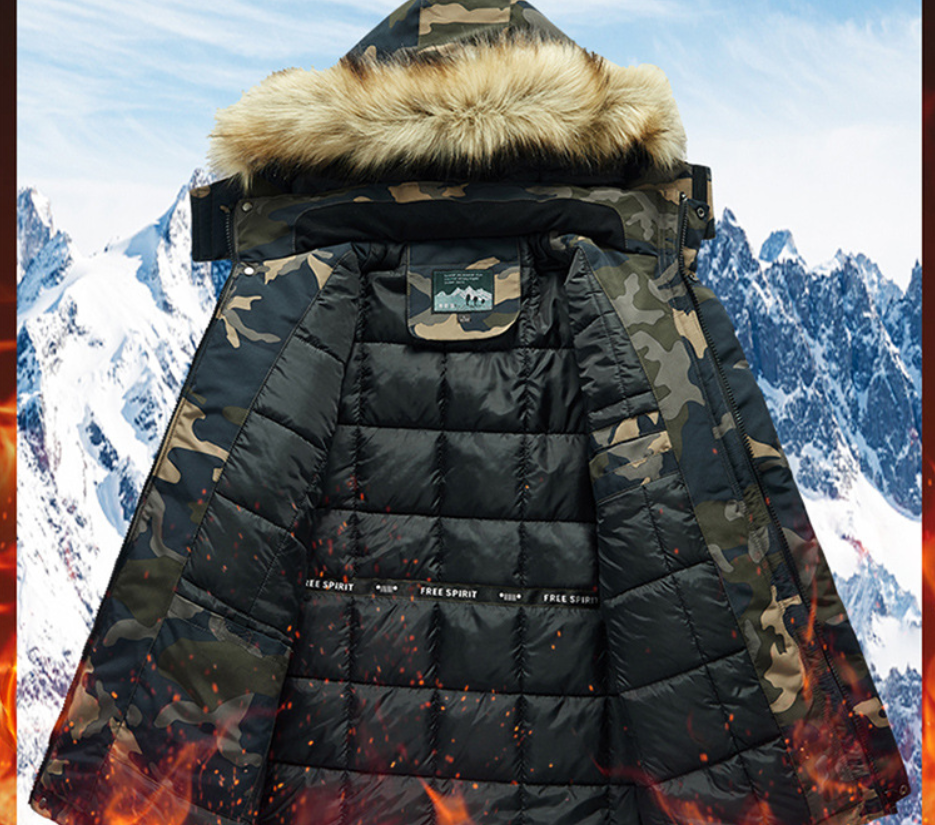 Men's Versatile Camouflage Fleece-Lined Military Jacket with Fur Hood & Multi Pockets