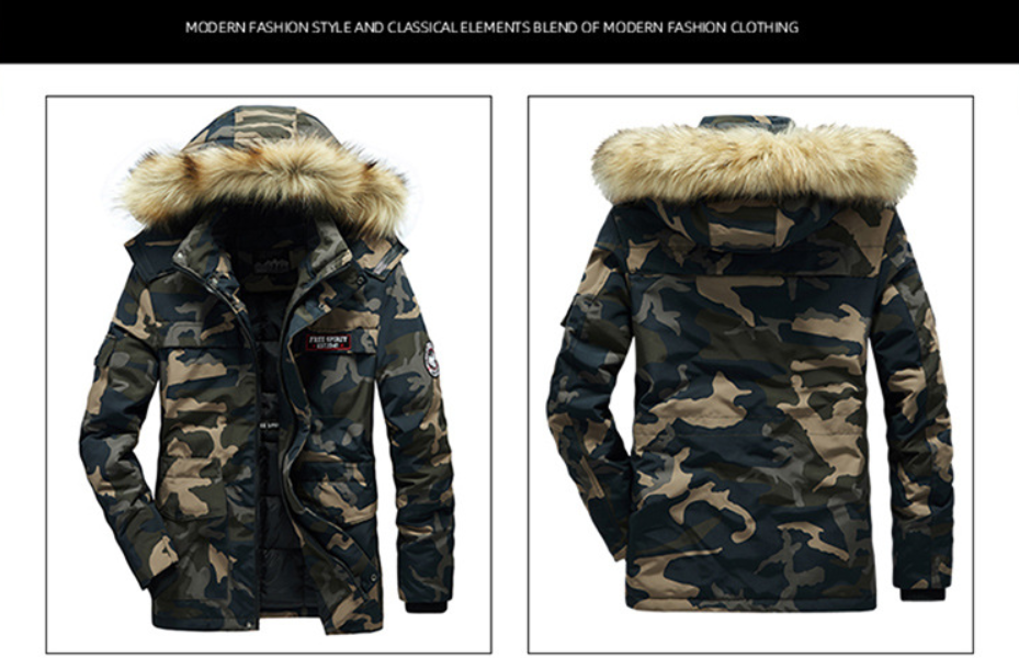 Men's Versatile Camouflage Fleece-Lined Military Jacket with Fur Hood & Multi Pockets