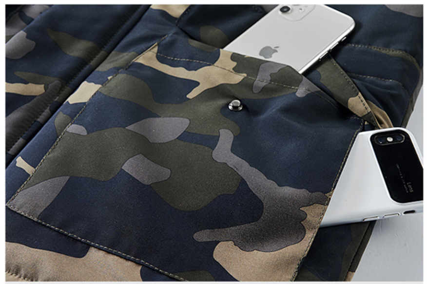 Men's Versatile Camouflage Fleece-Lined Military Jacket with Fur Hood & Multi Pockets
