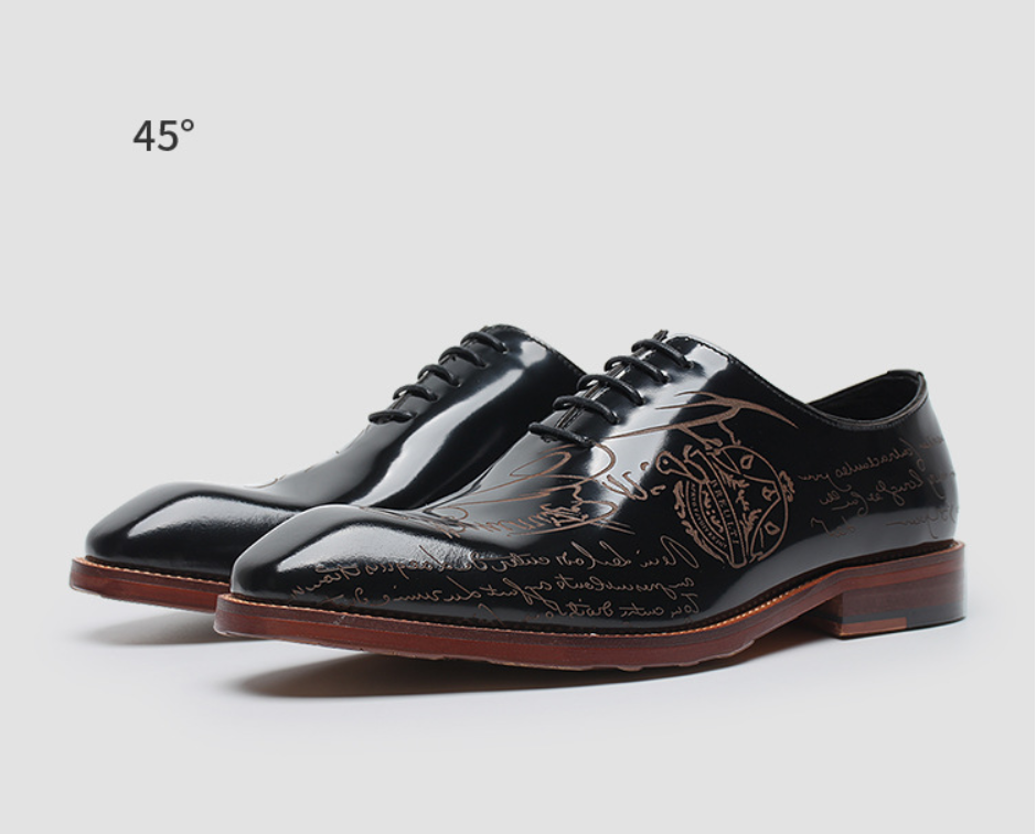NIUPILI Men‘s Letter Carved Brogue Dress Shoes | Square Toe Patent Leather Business Footwear | Formal Party Oxfords | N68-1