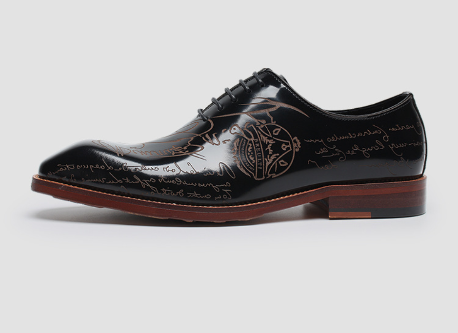 NIUPILI Men‘s Letter Carved Brogue Dress Shoes | Square Toe Patent Leather Business Footwear | Formal Party Oxfords | N68-1
