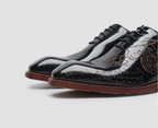NIUPILI Men‘s Letter Carved Brogue Dress Shoes | Square Toe Patent Leather Business Footwear | Formal Party Oxfords | N68-1