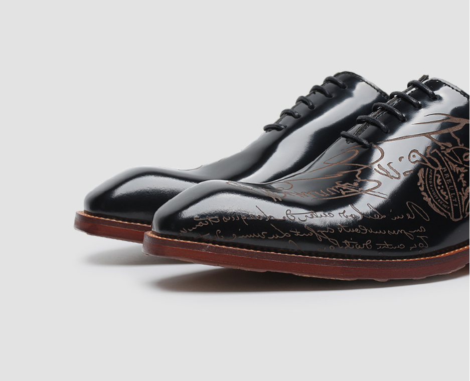 NIUPILI Men‘s Letter Carved Brogue Dress Shoes | Square Toe Patent Leather Business Footwear | Formal Party Oxfords | N68-1