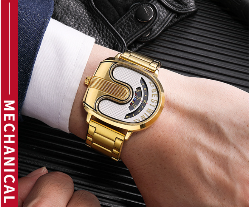 BESTWIN Men‘s Gold U-Shape Digital Chronograph Watch | Fashion Oval Dress Timepiece with Stainless Steel Bracelet | 988