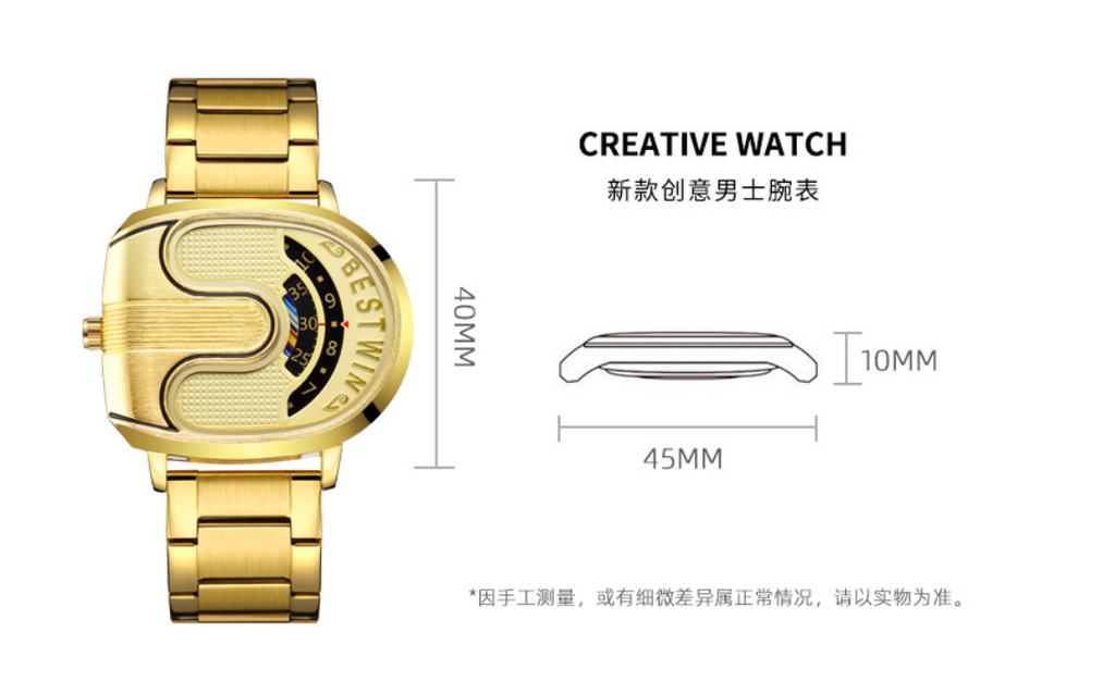 BESTWIN Men‘s Gold U-Shape Digital Chronograph Watch | Fashion Oval Dress Timepiece with Stainless Steel Bracelet | 988
