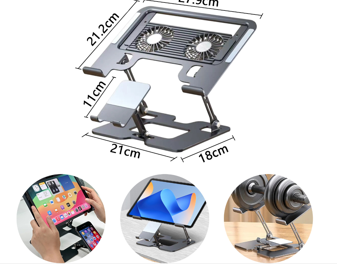 Laptop & Phone 2-in-1 Cooling Stand with Fans | Silent Turbo-Fan Elevator for Gaming Laptops | Height-Adjustable Aluminum Riser | 112