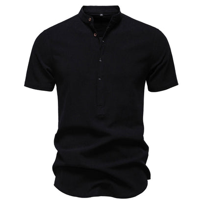 Men's Japanese Minimalist Short Sleeve Linen-Blend Shirt - Summer Slim-Fit Casual Top | SH2039