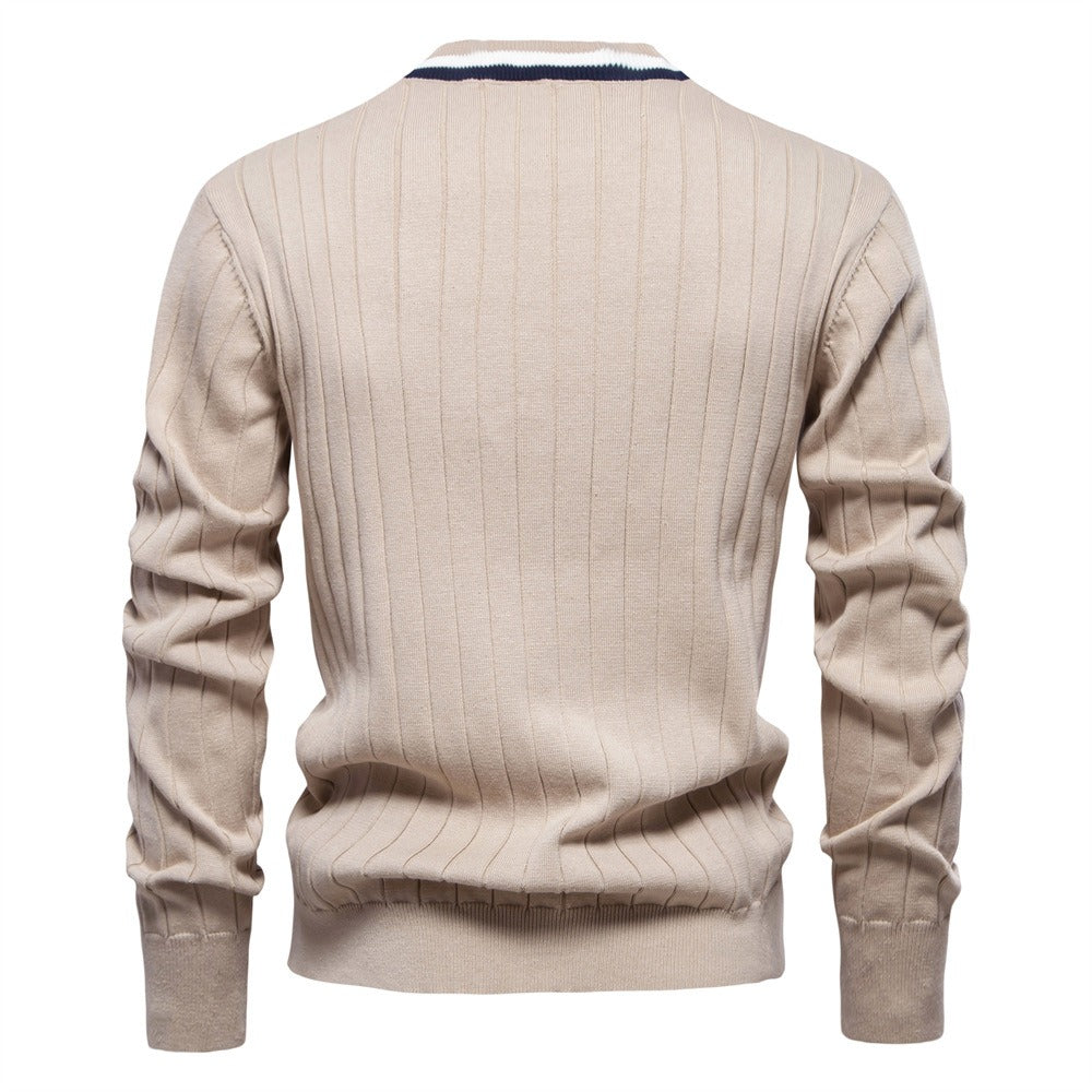 Men’s V-Neck Color-Trim Knit Cardigan – Casual Loose-Fit Buttoned Sweater for Autumn | SW199