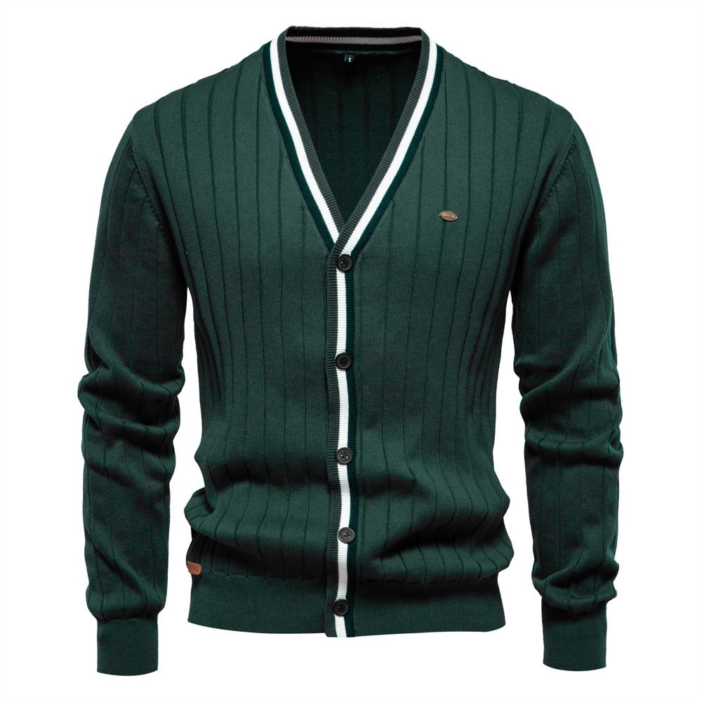 Men’s V-Neck Color-Trim Knit Cardigan – Casual Loose-Fit Buttoned Sweater for Autumn | SW199