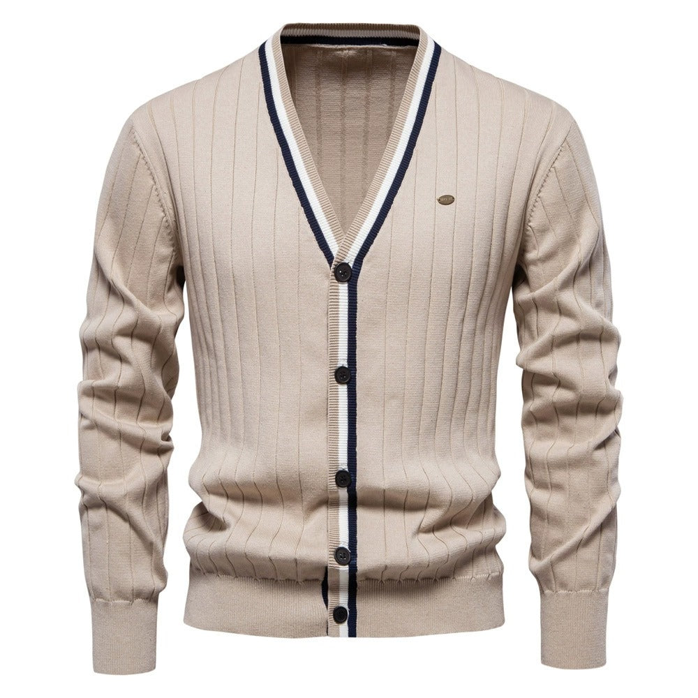 Men’s V-Neck Color-Trim Knit Cardigan – Casual Loose-Fit Buttoned Sweater for Autumn | SW199