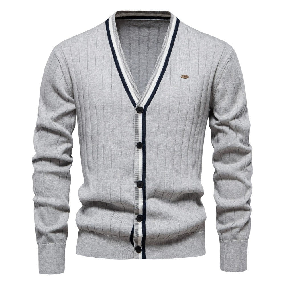 Men’s V-Neck Color-Trim Knit Cardigan – Casual Loose-Fit Buttoned Sweater for Autumn | SW199