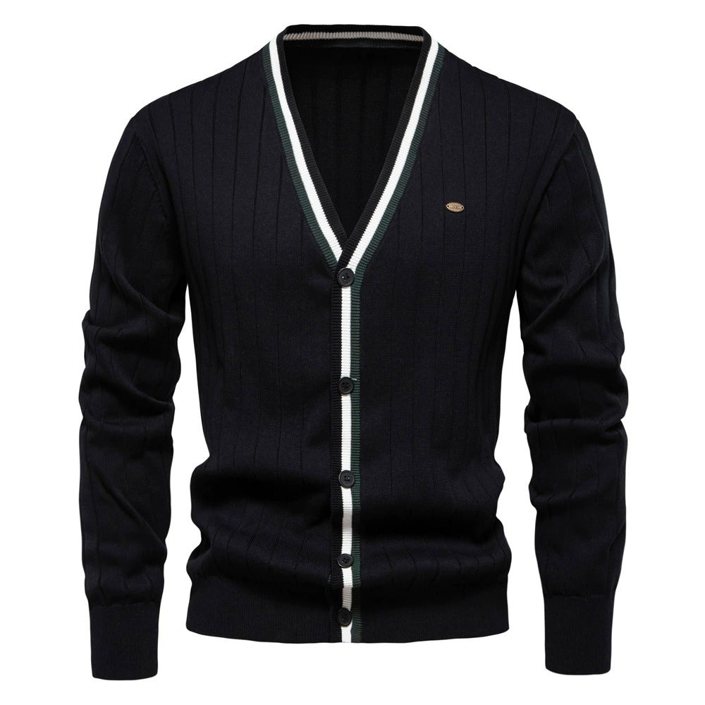 Men’s V-Neck Color-Trim Knit Cardigan – Casual Loose-Fit Buttoned Sweater for Autumn | SW199