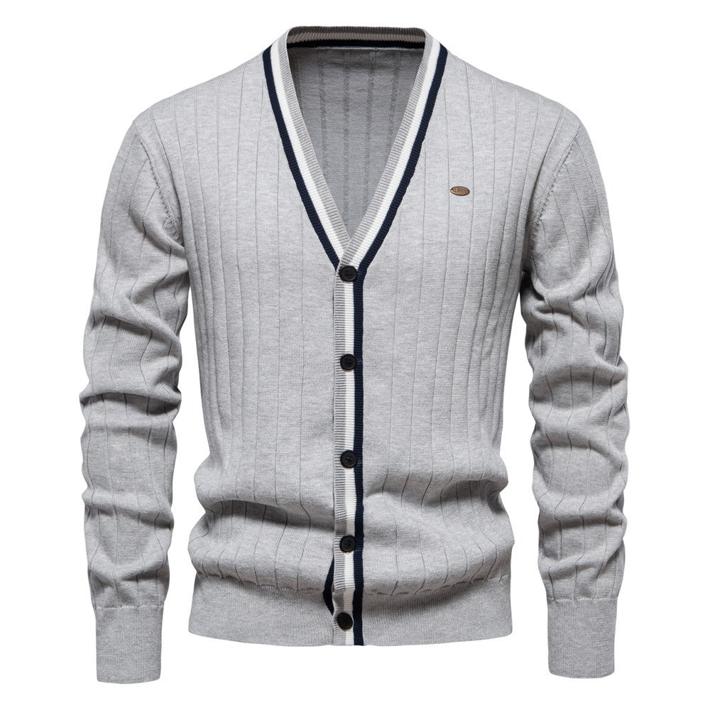 Men’s V-Neck Color-Trim Knit Cardigan – Casual Loose-Fit Buttoned Sweater for Autumn | SW199