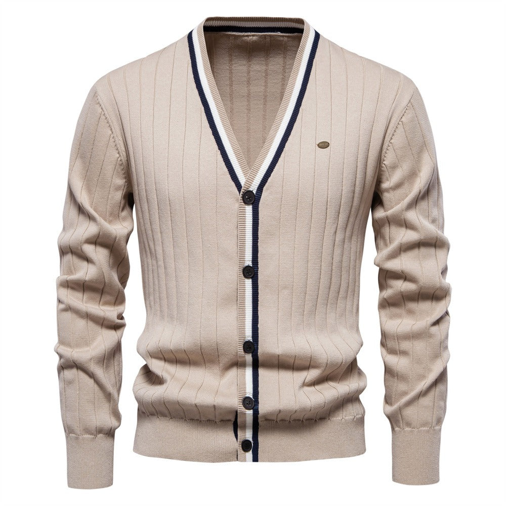 Men’s V-Neck Color-Trim Knit Cardigan – Casual Loose-Fit Buttoned Sweater for Autumn | SW199