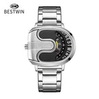 BESTWIN Men‘s Gold U-Shape Digital Chronograph Watch | Fashion Oval Dress Timepiece with Stainless Steel Bracelet | 988