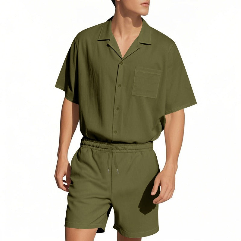 Men's Premium Barrel-Collar Beach Set - Summer Relaxed Fit Shirt & Shorts Combo | YH-23100