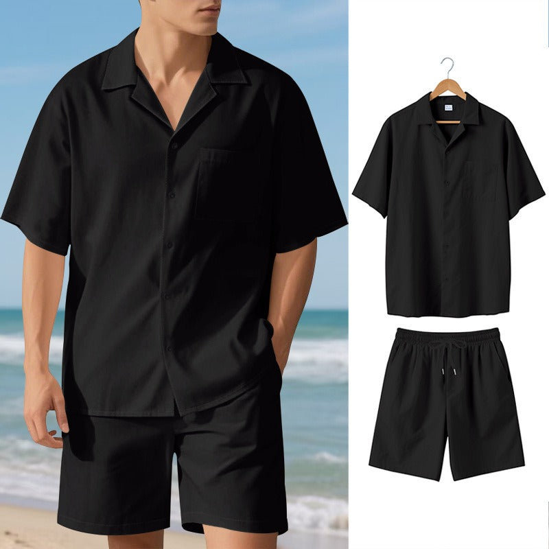 Men's Premium Barrel-Collar Beach Set - Summer Relaxed Fit Shirt & Shorts Combo | YH-23100