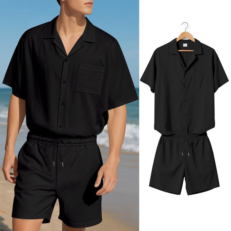 Men's Premium Barrel-Collar Beach Set - Summer Relaxed Fit Shirt & Shorts Combo | YH-23100