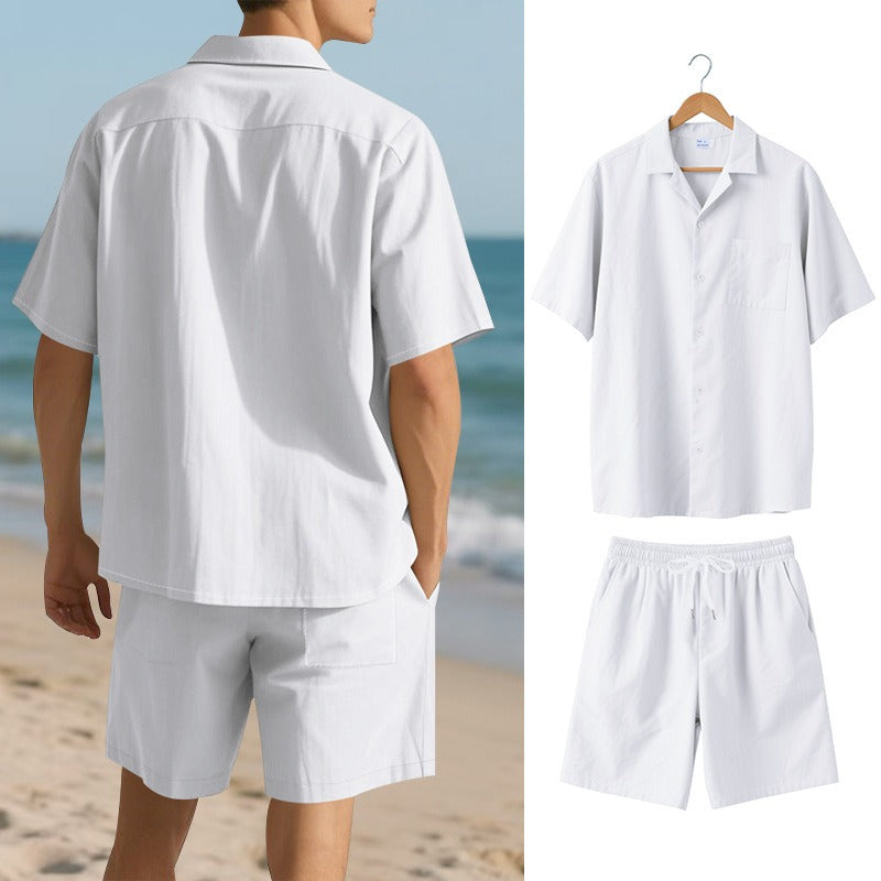 Men's Premium Barrel-Collar Beach Set - Summer Relaxed Fit Shirt & Shorts Combo | YH-23100