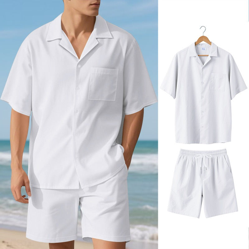 Men's Premium Barrel-Collar Beach Set - Summer Relaxed Fit Shirt & Shorts Combo | YH-23100