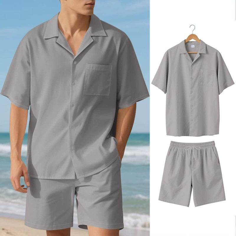 Men's Premium Barrel-Collar Beach Set - Summer Relaxed Fit Shirt & Shorts Combo | YH-23100