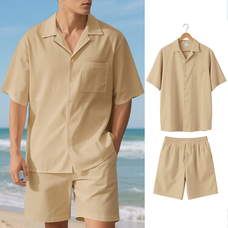 Men's Premium Barrel-Collar Beach Set - Summer Relaxed Fit Shirt & Shorts Combo | YH-23100