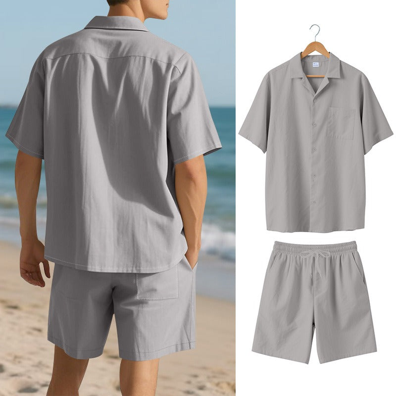 Men's Premium Barrel-Collar Beach Set - Summer Relaxed Fit Shirt & Shorts Combo | YH-23100