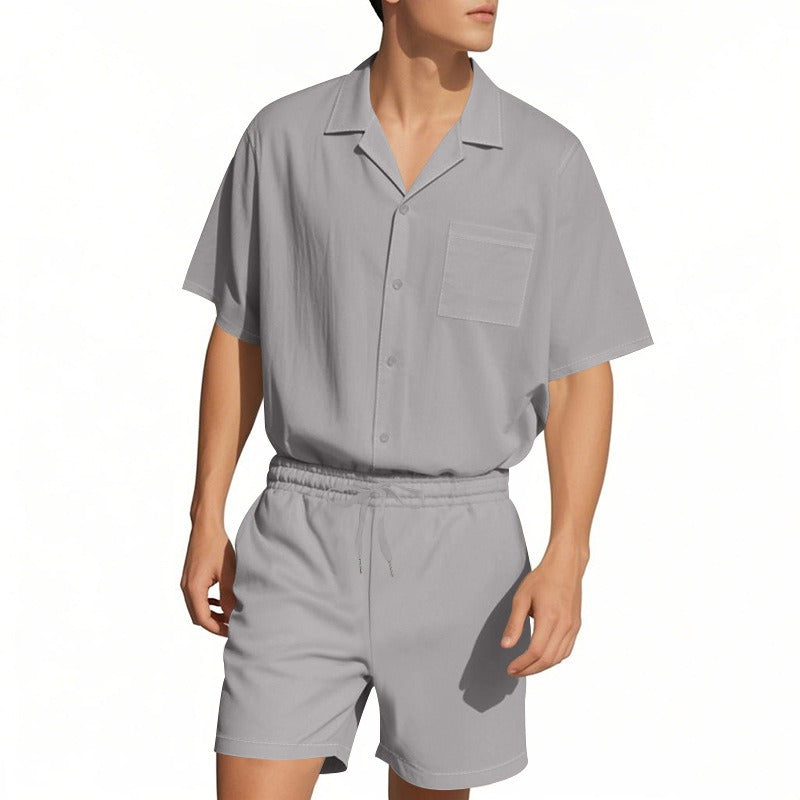 Men's Premium Barrel-Collar Beach Set - Summer Relaxed Fit Shirt & Shorts Combo | YH-23100