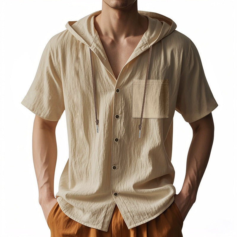 Men’s Linen Hooded Short Sleeve Shirt – Casual Loose Fit | YH-2454