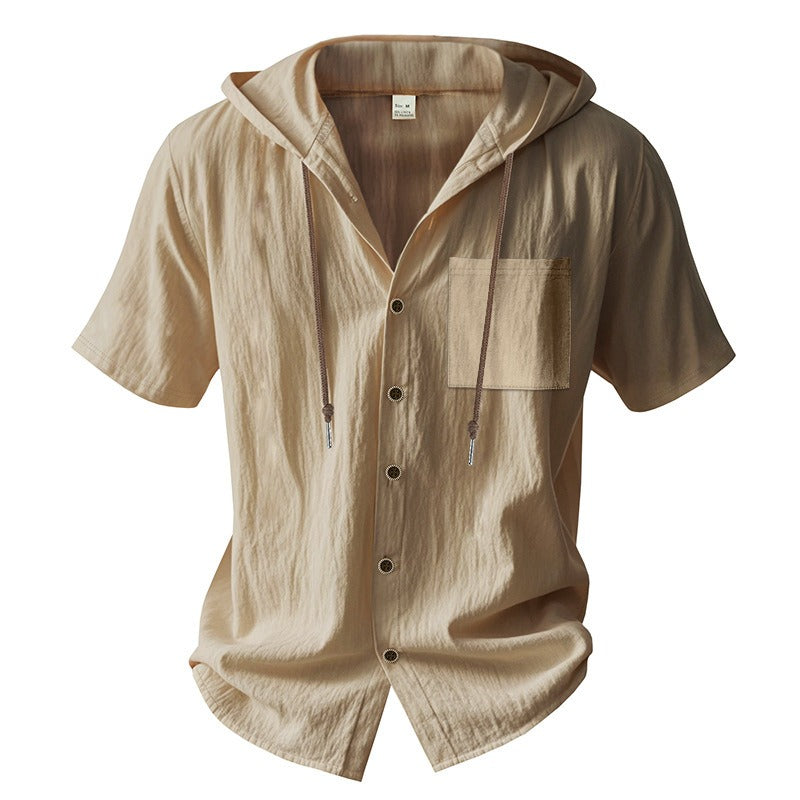 Men’s Linen Hooded Short Sleeve Shirt – Casual Loose Fit | YH-2454