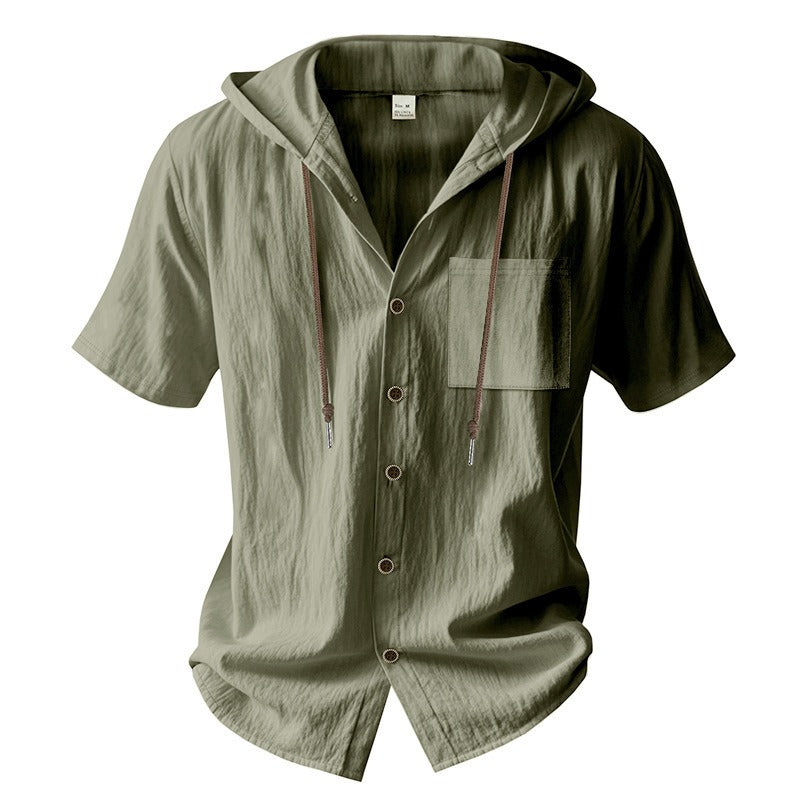 Men’s Linen Hooded Short Sleeve Shirt – Casual Loose Fit | YH-2454