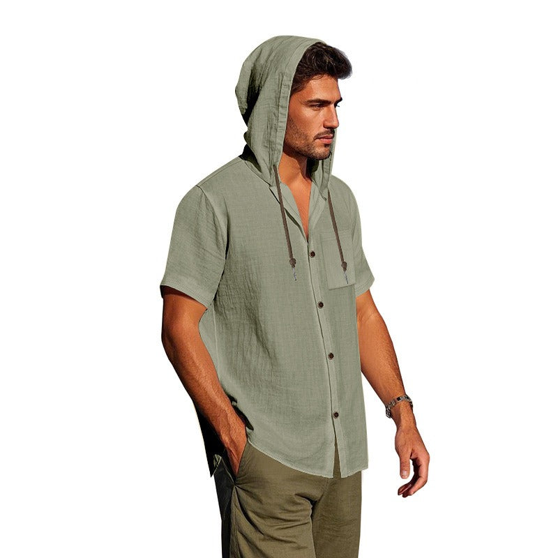 Men’s Linen Hooded Short Sleeve Shirt – Casual Loose Fit | YH-2454