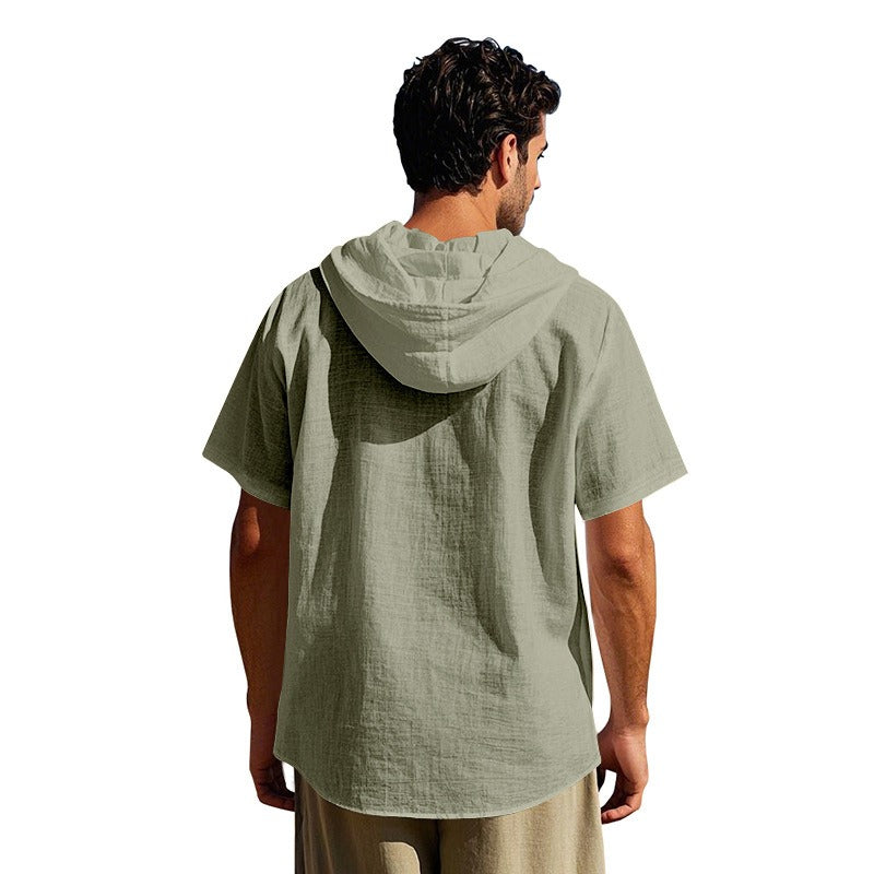 Men’s Linen Hooded Short Sleeve Shirt – Casual Loose Fit | YH-2454