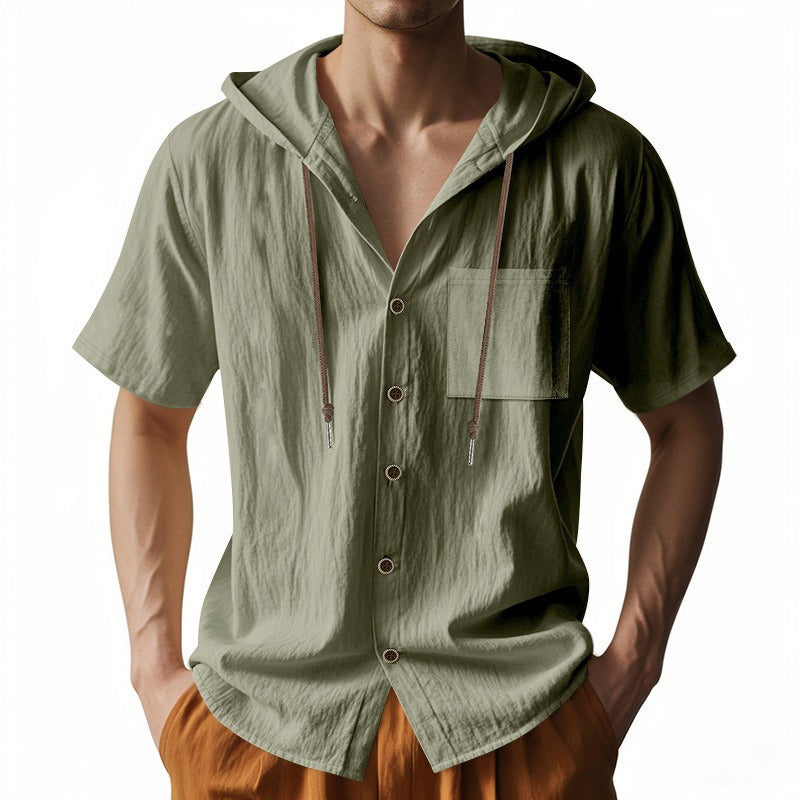 Men’s Linen Hooded Short Sleeve Shirt – Casual Loose Fit | YH-2454