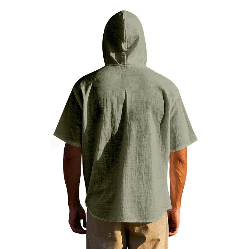 Men’s Linen Hooded Short Sleeve Shirt – Casual Loose Fit | YH-2454