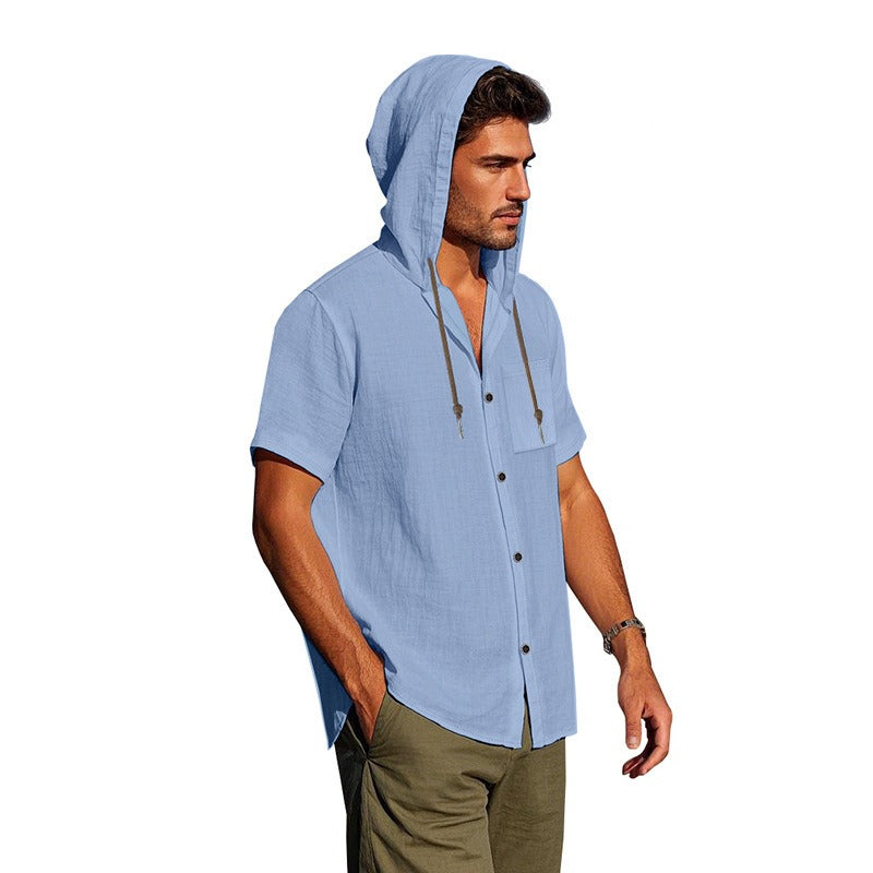 Men’s Linen Hooded Short Sleeve Shirt – Casual Loose Fit | YH-2454